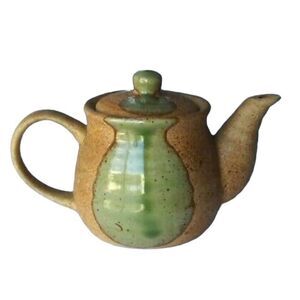 Vintage Handcrafted Pottery Stoneware Speckle Textured Green Glaze Teapot